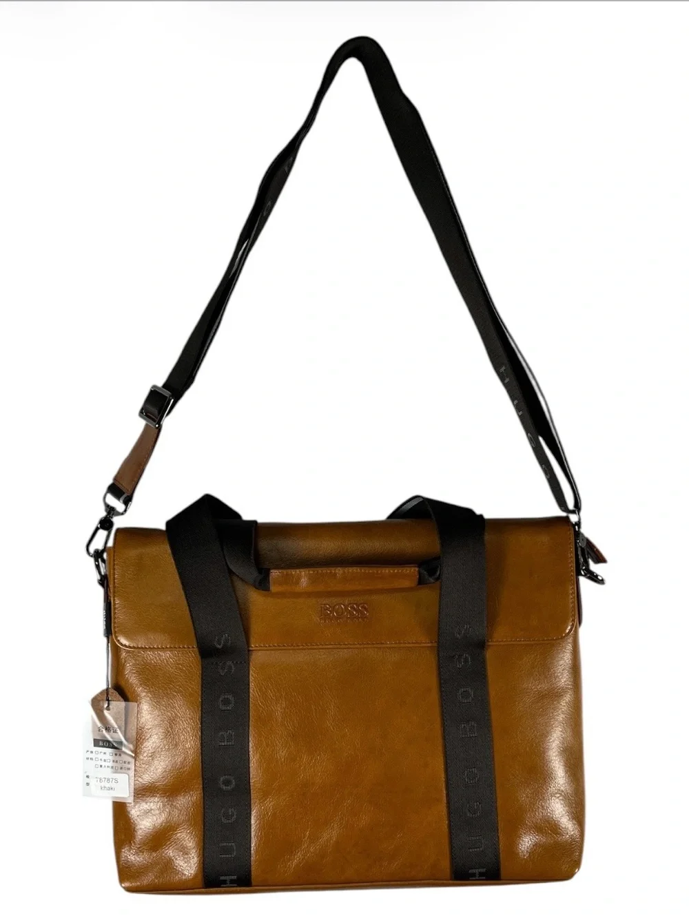 Hugo Boss Men's Leather Messenger Briefcase Bag Khaki Brown NWT 15x11x2,5
